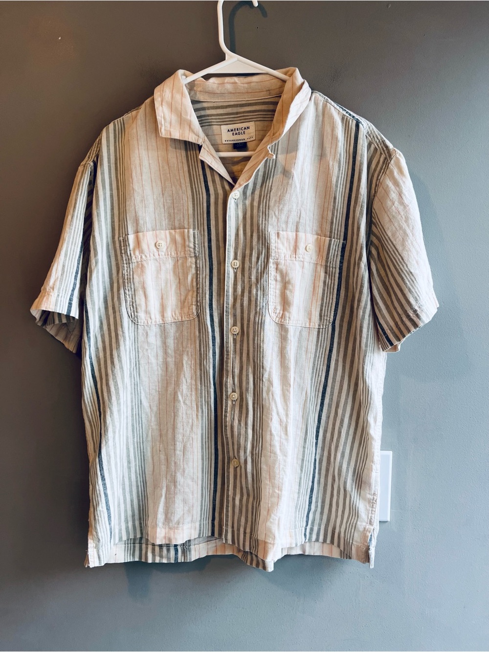 American Eagle Outfitters Linen Vertical Stripe Short-Sleeve Button-Up Small